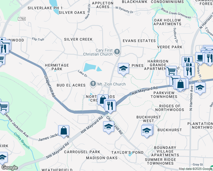 map of restaurants, bars, coffee shops, grocery stores, and more near 1013 Evans Road in Cary