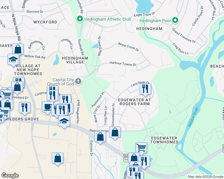 map of restaurants, bars, coffee shops, grocery stores, and more near 2205 Water Spray Drive in Raleigh