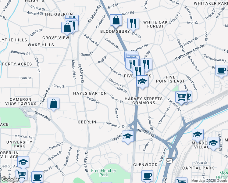 map of restaurants, bars, coffee shops, grocery stores, and more near 1006 Harvey Street in Raleigh