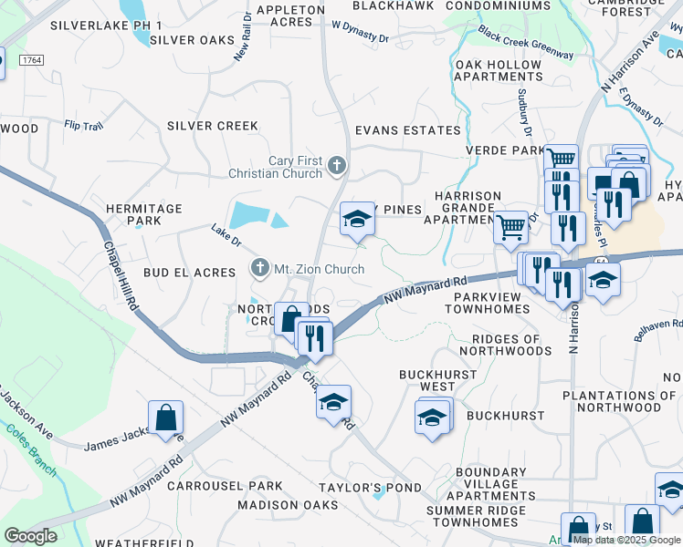 map of restaurants, bars, coffee shops, grocery stores, and more near 1000 Evans Road in Cary