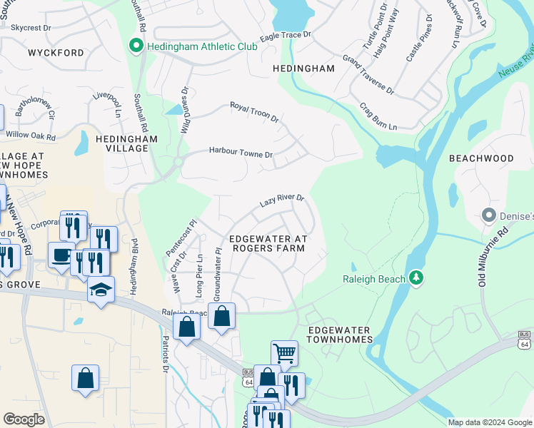 map of restaurants, bars, coffee shops, grocery stores, and more near 2241 Flowing Drive in Raleigh