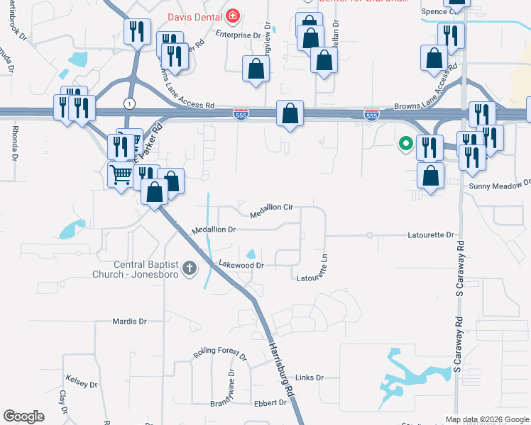 map of restaurants, bars, coffee shops, grocery stores, and more near 1225 Medallion Circle in Jonesboro