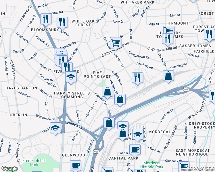 map of restaurants, bars, coffee shops, grocery stores, and more near 1520 Greenwood Street in Raleigh