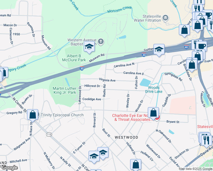 map of restaurants, bars, coffee shops, grocery stores, and more near 1006 Radio Road in Statesville