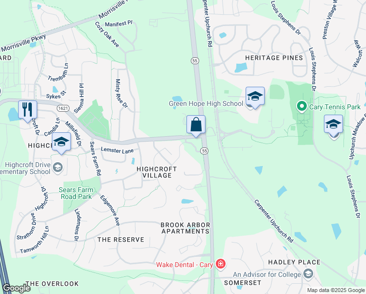 map of restaurants, bars, coffee shops, grocery stores, and more near 4013 Enfield Ridge Drive in Cary