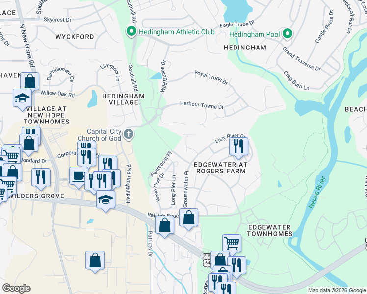map of restaurants, bars, coffee shops, grocery stores, and more near 2205 Water Spray Drive in Raleigh