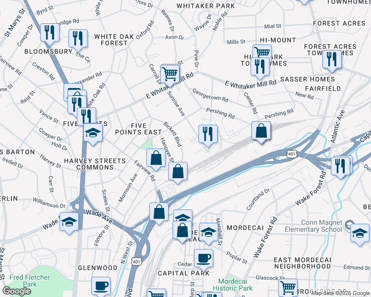 map of restaurants, bars, coffee shops, grocery stores, and more near 1617 Bickett Boulevard in Raleigh