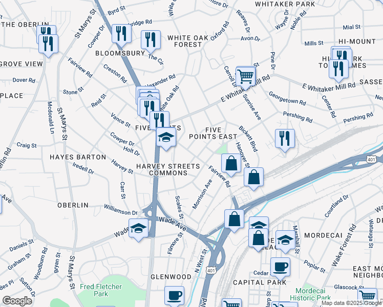 map of restaurants, bars, coffee shops, grocery stores, and more near 508 Burton Street in Raleigh