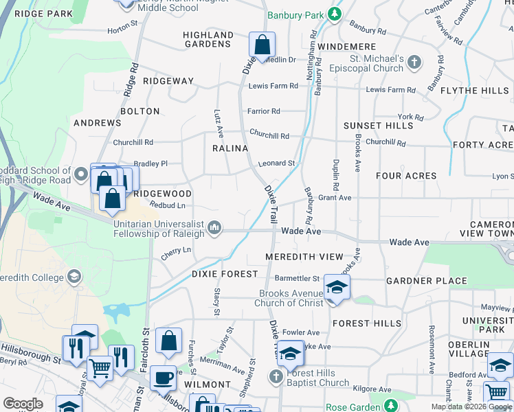 map of restaurants, bars, coffee shops, grocery stores, and more near 901 Dixie Trail in Raleigh