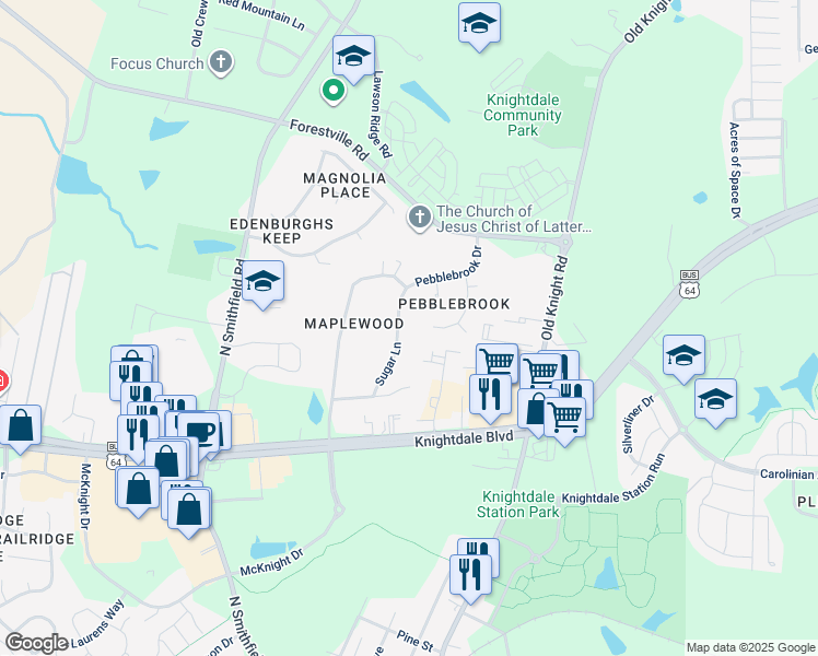 map of restaurants, bars, coffee shops, grocery stores, and more near 110 Sugar Lane in Knightdale