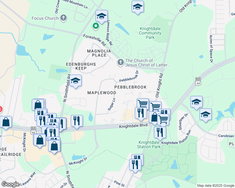 map of restaurants, bars, coffee shops, grocery stores, and more near 110 Sugar Lane in Knightdale