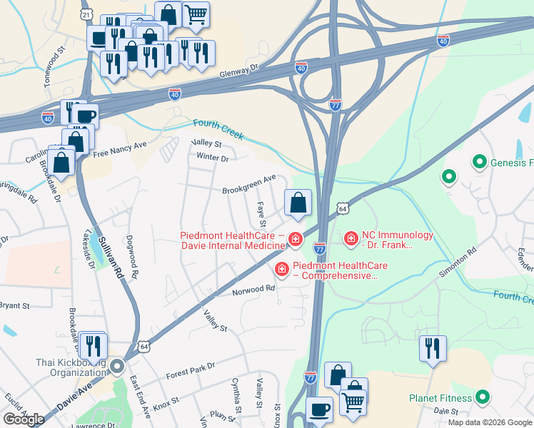 map of restaurants, bars, coffee shops, grocery stores, and more near 1713 Brookgreen Avenue in Statesville