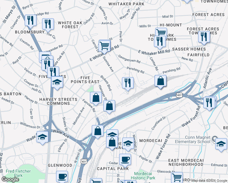map of restaurants, bars, coffee shops, grocery stores, and more near 1617 Bickett Boulevard in Raleigh