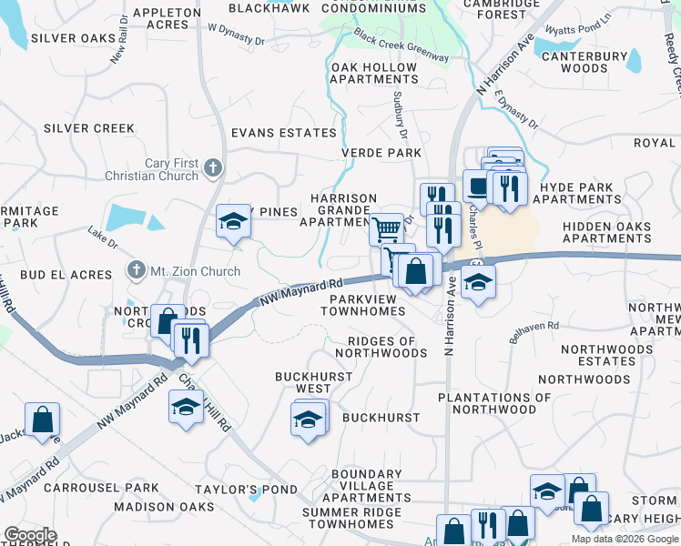 map of restaurants, bars, coffee shops, grocery stores, and more near 114 Boldleaf Court in Cary