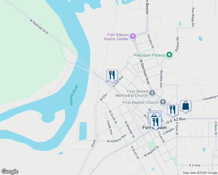 map of restaurants, bars, coffee shops, grocery stores, and more near 307 West Elm in Fort Gibson