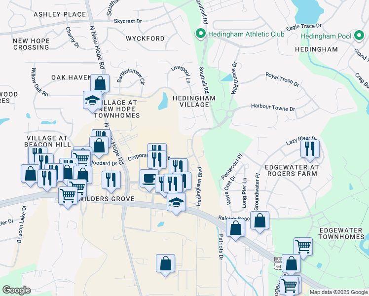 map of restaurants, bars, coffee shops, grocery stores, and more near 1751 Corporation Parkway in Raleigh