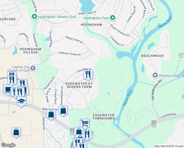 map of restaurants, bars, coffee shops, grocery stores, and more near 2348 Lazy River Drive in Raleigh