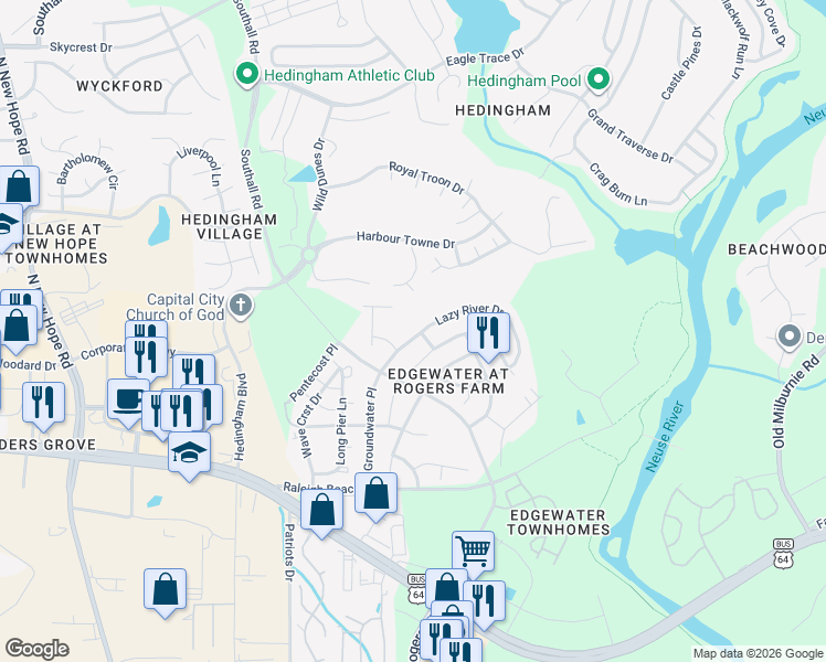 map of restaurants, bars, coffee shops, grocery stores, and more near 2233 Flowing Drive in Raleigh