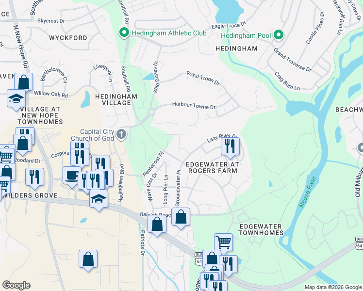 map of restaurants, bars, coffee shops, grocery stores, and more near 5013 Ripple Road in Raleigh