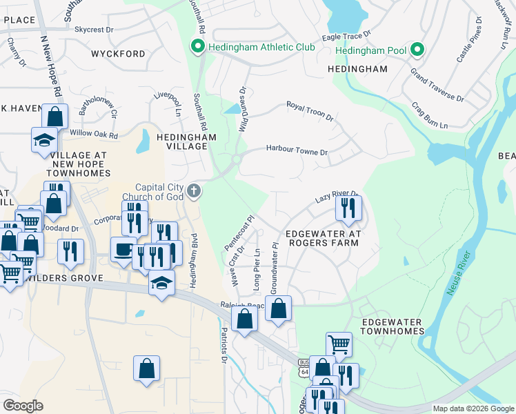 map of restaurants, bars, coffee shops, grocery stores, and more near 2205 Water Spray Drive in Raleigh