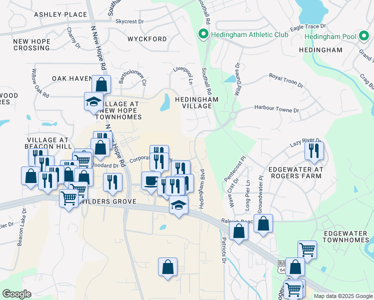 map of restaurants, bars, coffee shops, grocery stores, and more near 1751 Corporation Parkway in Raleigh