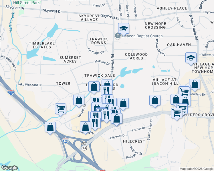 map of restaurants, bars, coffee shops, grocery stores, and more near 3710 Votive Lane in Raleigh