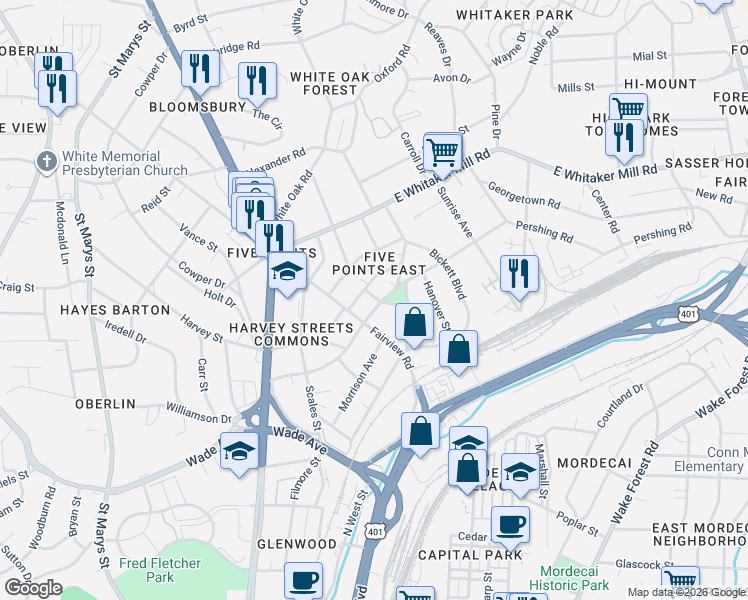 map of restaurants, bars, coffee shops, grocery stores, and more near 1602 Fairview Road in Raleigh