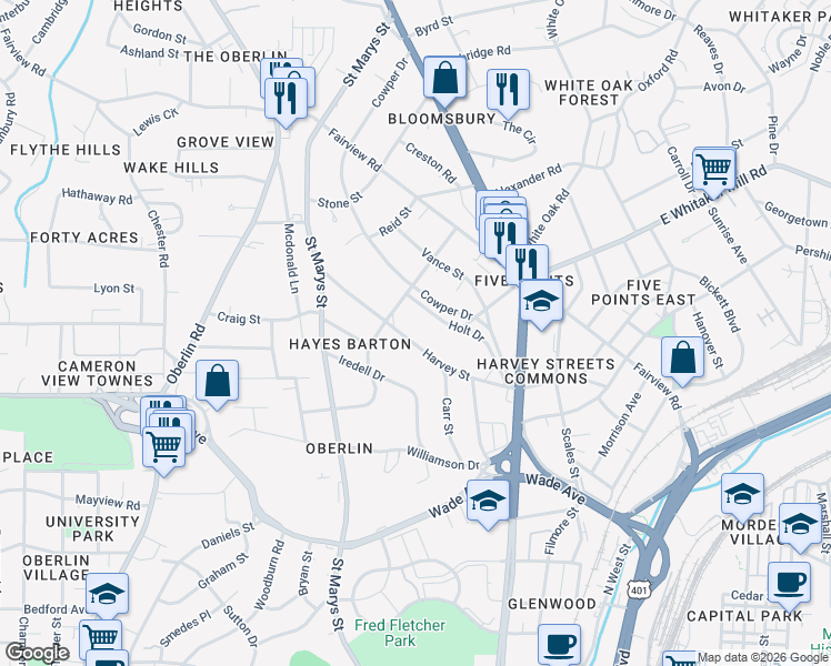 map of restaurants, bars, coffee shops, grocery stores, and more near 1006 Harvey Street in Raleigh