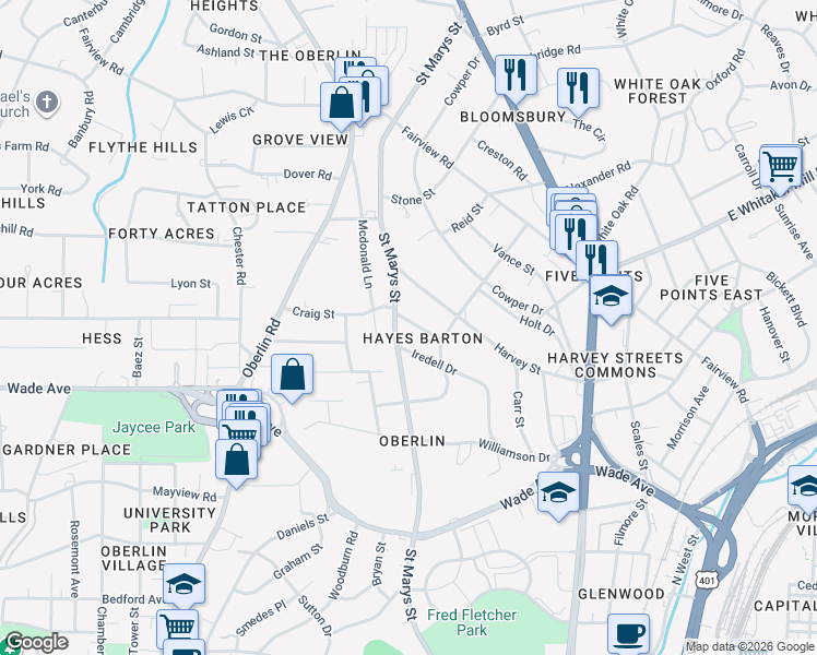 map of restaurants, bars, coffee shops, grocery stores, and more near in Raleigh