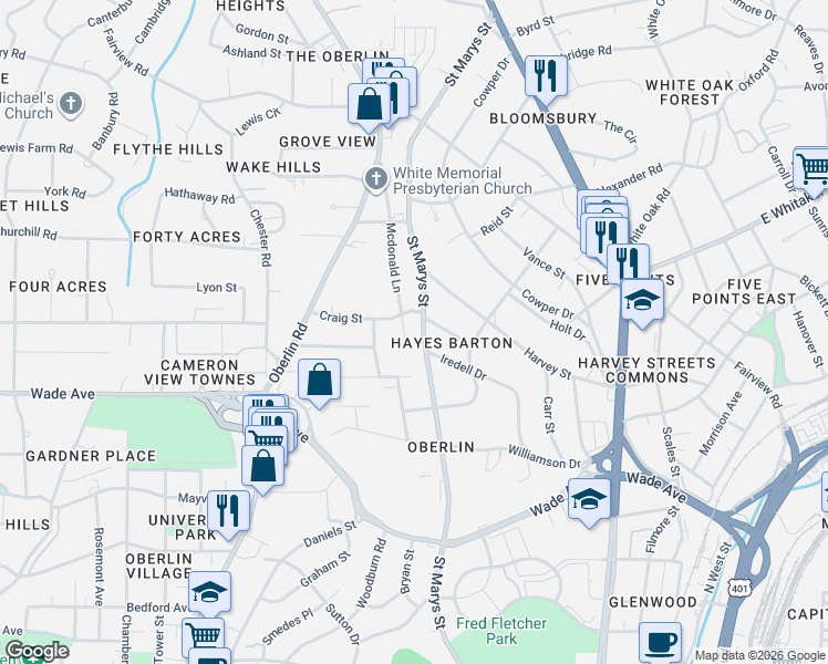 map of restaurants, bars, coffee shops, grocery stores, and more near 1701 Saint Marys Street in Raleigh