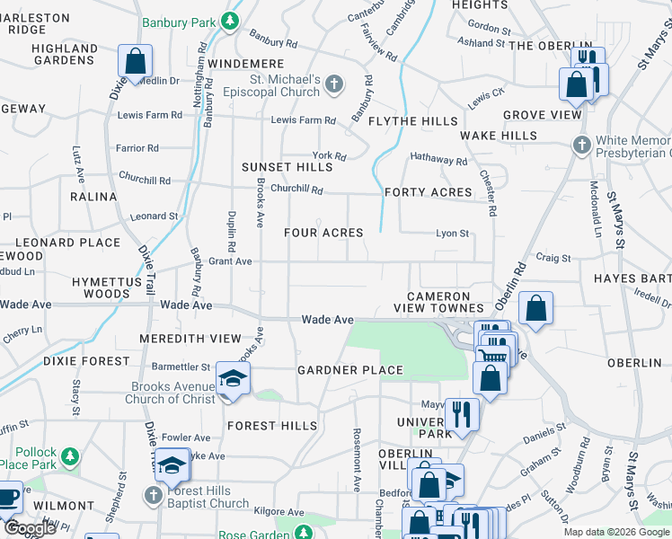 map of restaurants, bars, coffee shops, grocery stores, and more near 2616 Wells Avenue in Raleigh