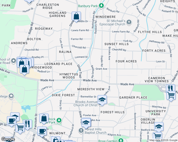 map of restaurants, bars, coffee shops, grocery stores, and more near 1217 Mitchell Street in Raleigh