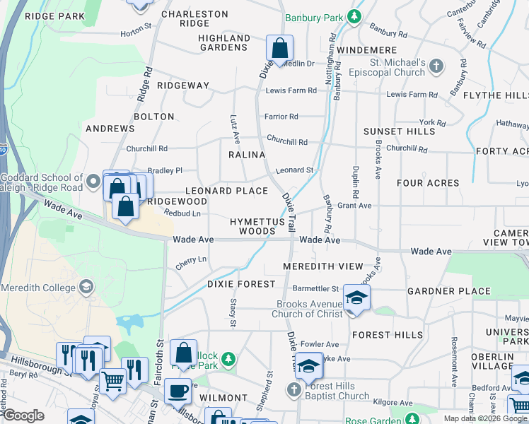map of restaurants, bars, coffee shops, grocery stores, and more near 1111 Hymettus Court in Raleigh
