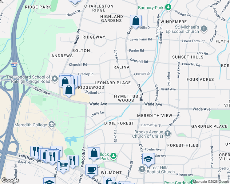 map of restaurants, bars, coffee shops, grocery stores, and more near 3301 Redbud Lane in Raleigh