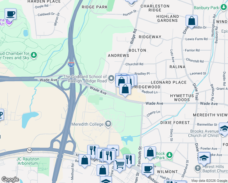 map of restaurants, bars, coffee shops, grocery stores, and more near 1207 Ridge Road in Raleigh