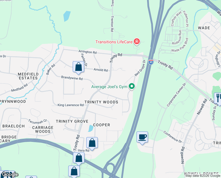 map of restaurants, bars, coffee shops, grocery stores, and more near 111 Brandywine Drive in Raleigh