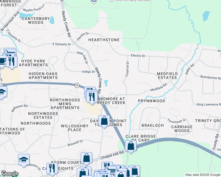 map of restaurants, bars, coffee shops, grocery stores, and more near 200 Dungarven Loop in Cary