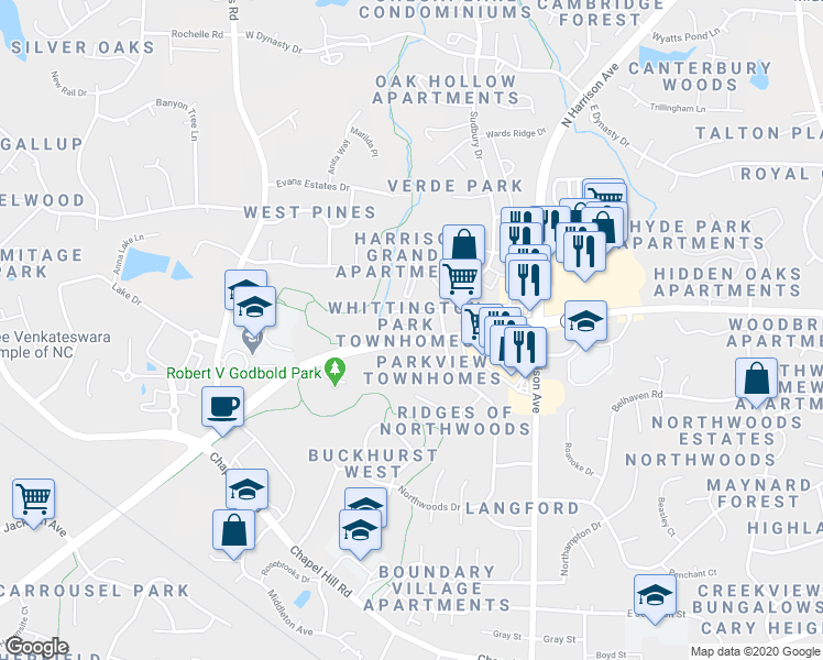 map of restaurants, bars, coffee shops, grocery stores, and more near 114 Boldleaf Court in Cary