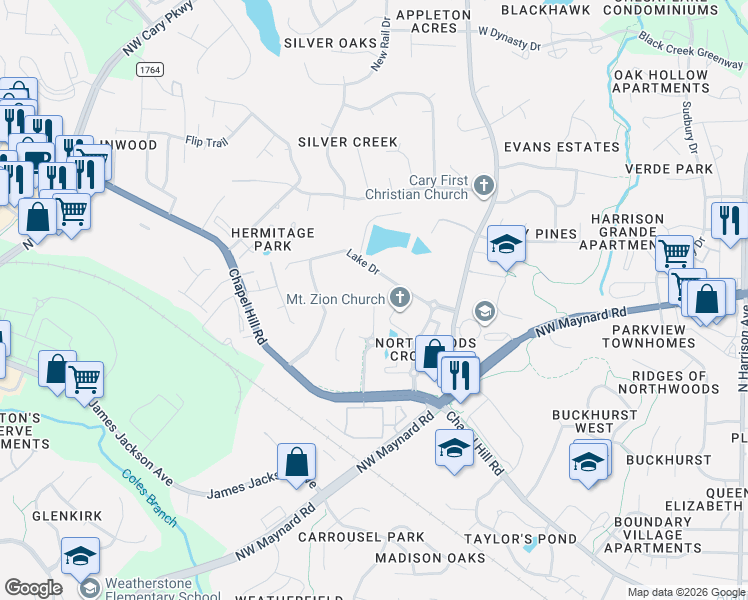 map of restaurants, bars, coffee shops, grocery stores, and more near 1229 Mantra Court in Cary