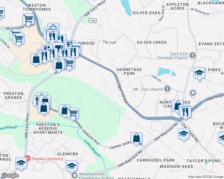 map of restaurants, bars, coffee shops, grocery stores, and more near 735 Lampwick Lane in Cary