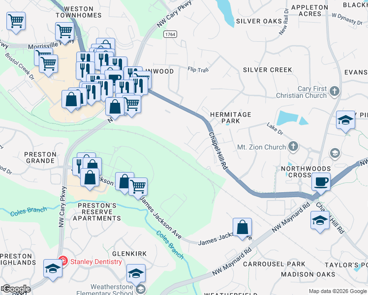 map of restaurants, bars, coffee shops, grocery stores, and more near 1011 Rexburg Drive in Cary