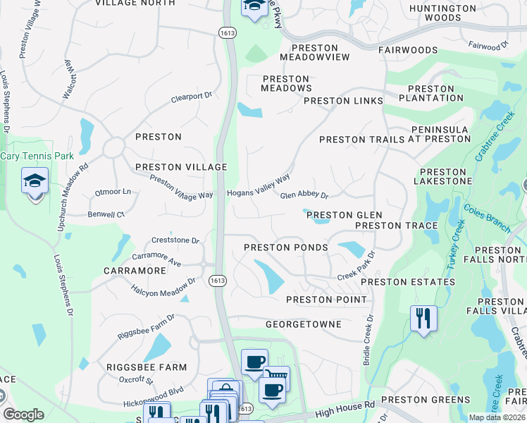 map of restaurants, bars, coffee shops, grocery stores, and more near 509 Calderbank Way in Cary