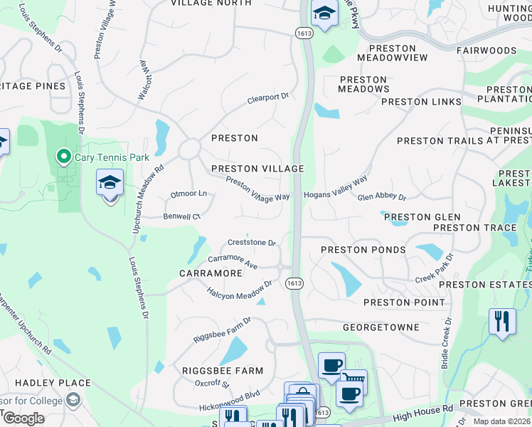 map of restaurants, bars, coffee shops, grocery stores, and more near 111 Draymore Way in Cary