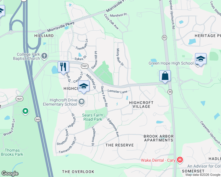 map of restaurants, bars, coffee shops, grocery stores, and more near 104 Brassica Lane in Cary