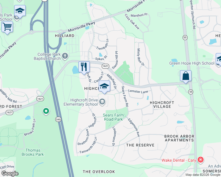 map of restaurants, bars, coffee shops, grocery stores, and more near 428 Chandler Grant Drive in Cary