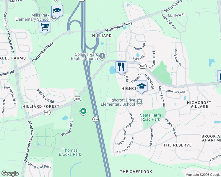 map of restaurants, bars, coffee shops, grocery stores, and more near 603 Rockcastle Drive in Cary
