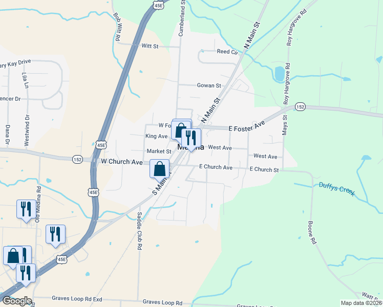 map of restaurants, bars, coffee shops, grocery stores, and more near 120 East Church Avenue in Medina