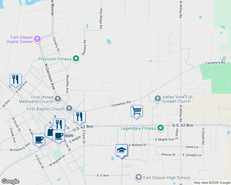 map of restaurants, bars, coffee shops, grocery stores, and more near 727 Shady Street in Fort Gibson