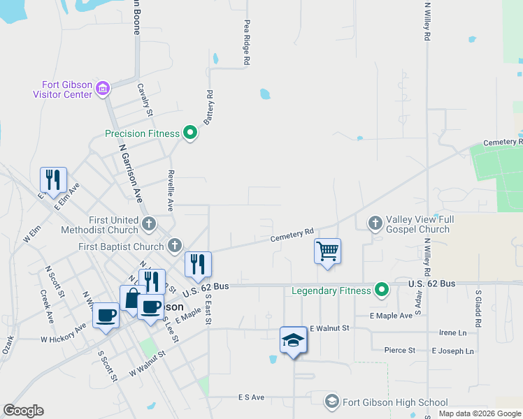 map of restaurants, bars, coffee shops, grocery stores, and more near 404 Cemetery Road in Fort Gibson