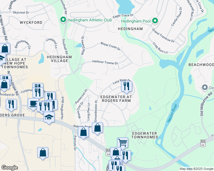 map of restaurants, bars, coffee shops, grocery stores, and more near 2233 Flowing Drive in Raleigh